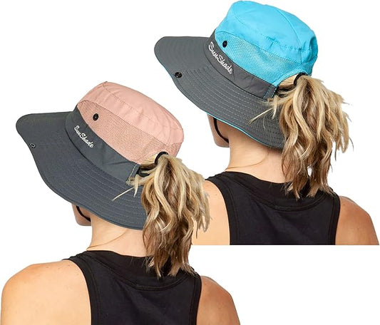 Women's Outdoor UV-Protection-Foldable Sun-Hats Mesh Wide-Brim Beach Fishing Hat with Ponytail-Hole
