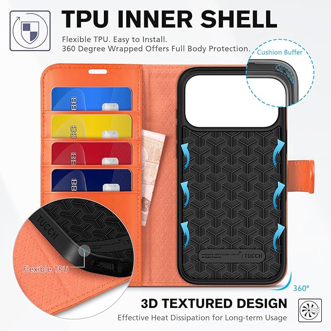 TUCCH Wallet Case for iPhone 17 Pro Max (6.9") 2025, RFID Blocking 4 Card Holders | Kickstand | Shockproof TPU Shell | PU Leather | Magnetic Closure | Protective Flip Folio Cover | Orange