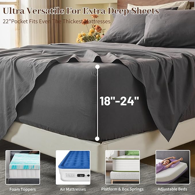 MEISHANG 100% French Pure Linen Sheets Queen Size - 6 PC Extra Deep Pocket Sheet Set, Soft Durable Flax Linen, Anti-Tear Breathable & Oeko-Tex Certified 18-24 Deep Pocket,All Season(Dark Grey)