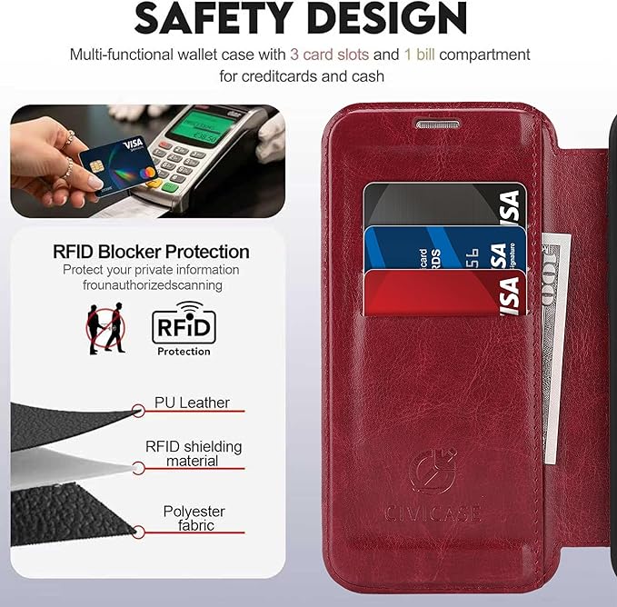 CIVICASE for iPhone Air Wallet Case with Stand,PU Leather Flip Credit Card Holder Slots (RFID Blocking),Compatible with Magsafe Magnetic Holder Phone Cover Women Men,Wine Red