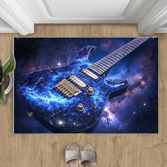 Guitar 4x5 Area Rugs for Living Room -Musical Instruments Washable Rug Starry Sky Non-Slip Carpet Indoor Floor Stain Resistant Thin Carpets for Bedroom Dining Room Home Office