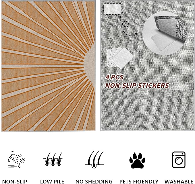 Boho Sun Print Area Rug for Living Room 7x10, Modern Abstract Non-Slip Washable Rugs, Soft Stripe Minimalism Carpet for Bedroom, Nursery, Entryway, Dining Room & Office Decor, Orange White