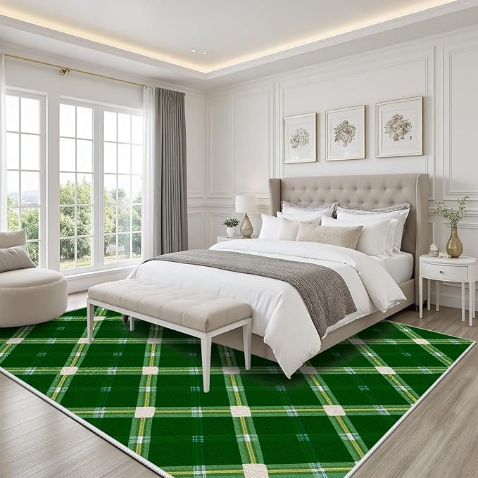 Plaid Rug - 4x5 Rug for Living Room, Geometric Stripes Soft Neutral Indoor Floor Carpet, Non-Slip Stain Resistant Modern Washable Rugs for Bedroom, Green Area Rugs