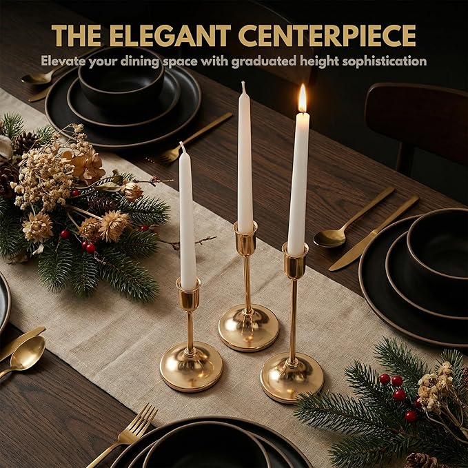 18 Pcs Gold Candlestick Holders Set - Vintage Brass Taper Candle Holder for Pillar Candles - Modern Decorative Centerpiece for Wedding Fireplace Mantel Decor - Cozy Atmosphere Housewarming Gift
