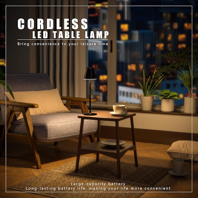 4-Pack Cordless Table Lamps - 5000mAh Rechargeable Battery Operated Desk Lamp, 3-Level Dimmable LED Night Light for Bedroom, Dining, Restaurant - Metal Design(Black 4pack)