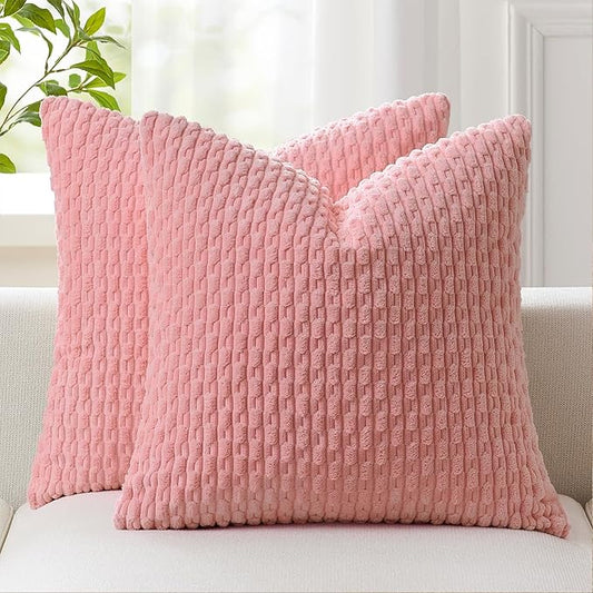 Kevin Textile Valentines Day Decorative Pillow Covers Set of 2 Striped Plush Corduroy Pillows Pillowcases Boho Home Decor Cushion Covers for Couch Sofa Bed Living Room 22x22 Inch, Dark Pink