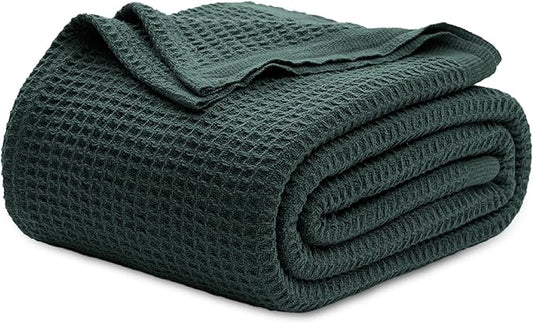 Bedsure Gentlesoft 100% Cotton Blanket King Size for Bed - Breathable and Soft, Thick Cozy Waffle Weave Christmas Blanket Gift for Women, Dark Green, 104x90 inches