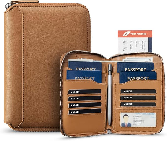 VULKIT Leather Passport Holder for 4-8 Passports Family RFID Blocking Passport Wallet with Zipper Travel Documents Organizer for Men or Women (Brown)