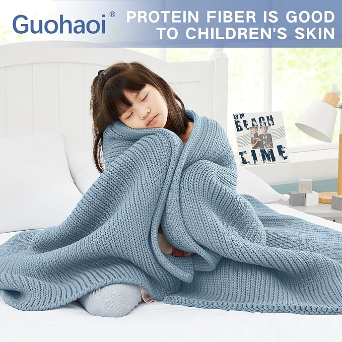 Guohaoi Knitted Weighted Blanket for Adults (Haze Blue 48"x72" 15lbs) No Beads Cooling Throw Blanket for Hot Sleepers, Home Decor Breathable Chunky Knit Heavy Blanket Use on Full Size Bed