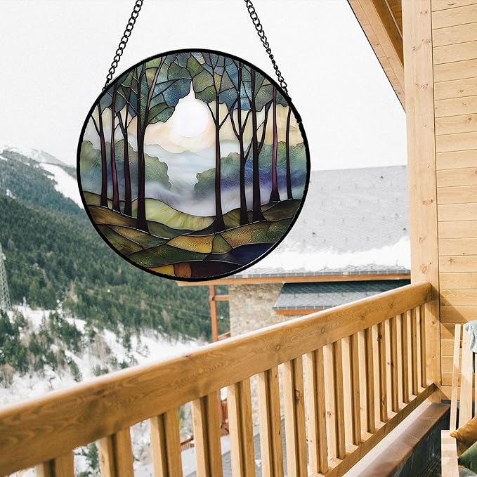 Stained Glass Window Hanging, Green Brown Smoke Forest Moon Suncatcher for Doors Window Home Tree Sun Catchers Decor Mother's Day Birthday Gifts for Women, Men Mom 11.8 in
