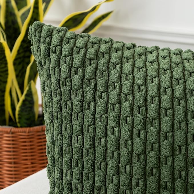 Kevin Textile Throw Pillow Covers Soft Corduroy Decorative Set of 2 Boho Striped Pillow Covers Pillowcases Farmhouse Home Decor for Couch Bed Sofa Living Room 16x16 Inch Moss Green