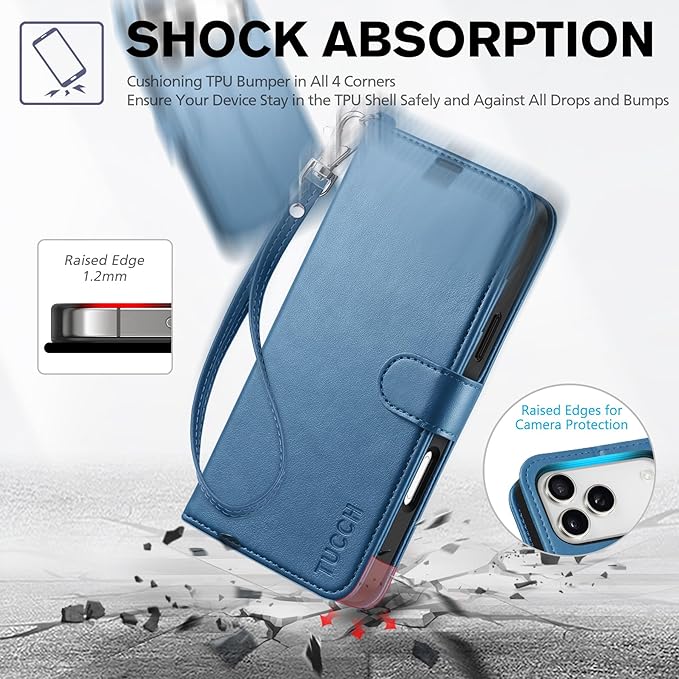 TUCCH Wallet Case for iPhone 17 Pro Max (6.9") 2025, Wrist Strap | RFID Blocking 4 Card Holders | Stand | Shockproof TPU Shell | PU Leather | Magnetic | Protective Flip Cover | Light Blue