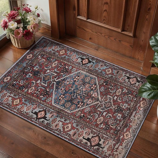 Tangsoo 2x3 Small Rugs for Entryway,Washable Vintage Oriental Entry Rug Non Slip, Soft Low Pile Throw Rugs Tribal Front Indoor Rug Small Carpet for Entrance Bedroom Kitchen Laundry Bedside (Rust Red)