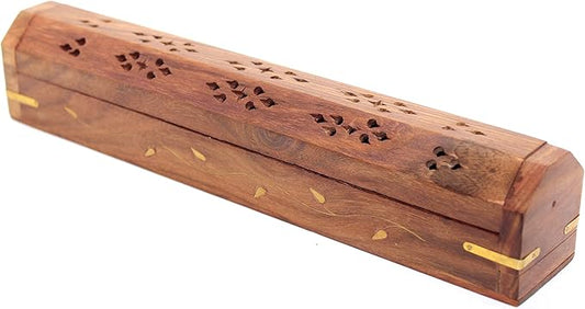 Govinda Wooden Coffin Incense Burner - 12" - Brass Inlays - Storage Compartment - Vines