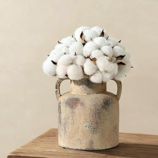 Antique Ceramic Vase with 2 Handles, 6.1 Inch Farmhouse Rustic Flower Vase, Small Vintage Terra Cotta Vases for Home Decor, Wedding, Living Room, Table, Shelf Decor, Neutral