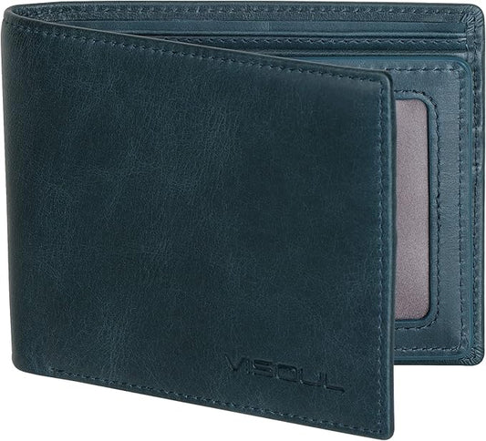 VISOUL Mens Bifold Leather RFID Blocking Wallet with 2 ID Windows, Soft Genuine Leather Card Holder Wallet with 2 Cash Compartments for Men (Dark Blue)