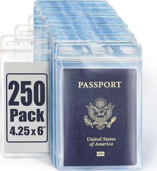 Mifflin-USA Passport & Card Holders (Clear, 4x6 Inches, 250 Pack), Extra Large ID Name Badge Holder, Zipperless Vertical Plastic Card Holders