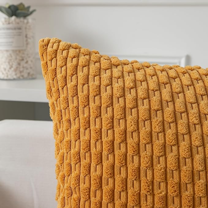 Kevin Textile Throw Pillow Covers Soft Corduroy Decorative Set of 2 Boho Striped Pillow Covers Pillowcases Farmhouse Home Decor for Couch Bed Sofa Living Room 20x20 Inch Golden Yellow