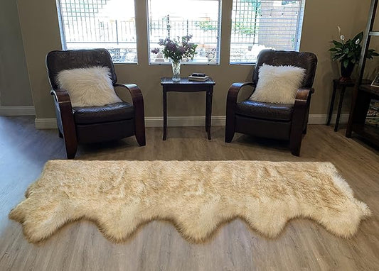 LAMBZY Faux Sheepskin Super Soft Hypoallergenic Silky Shag Rug for Living Room, Kids Room, Sofa (5 Pelts Side by Side 3'x10', White/Brown Tips)