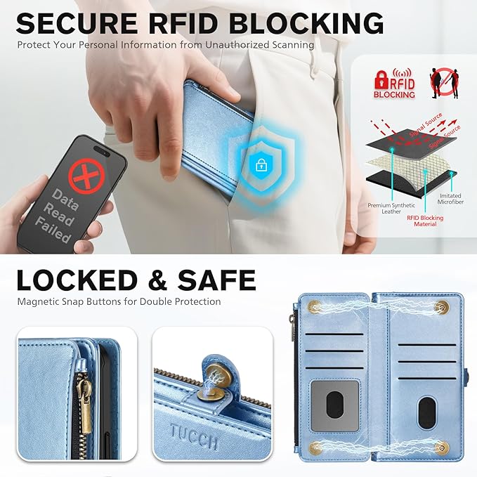 TUCCH Crossbody Detachable Wallet Case for iPhone 17 (6.3"), 9 Card Slots RFID Blocking | Wireless Charging | Wrist Strap Lanyard | Stand | Zipper Pocket | PU Leather Phone Cover | Pearly Light Blue