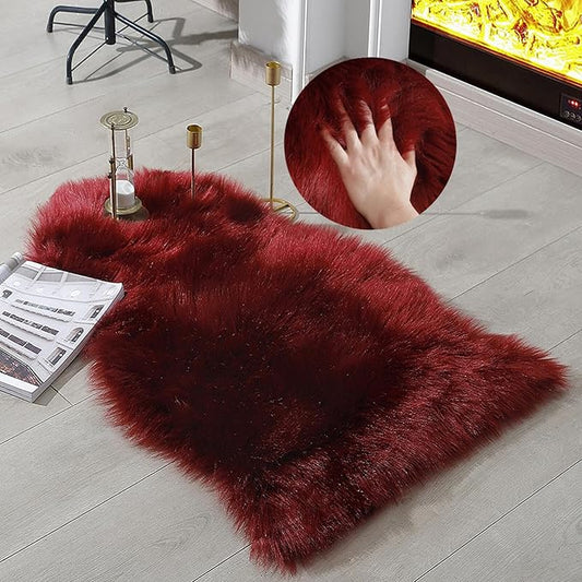 Faux Fur Rug Sheepskin Shag Fluffy Fuzzy Red 2x3 ft Small Rugs for Bedroom Bedside Bed Floor Living Room Plush High-Density Cushion Carpet Super Sofa Cover