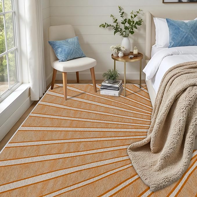 Boho Sun Print Area Rug for Living Room 7x10, Modern Abstract Non-Slip Washable Rugs, Soft Stripe Minimalism Carpet for Bedroom, Nursery, Entryway, Dining Room & Office Decor, Orange White