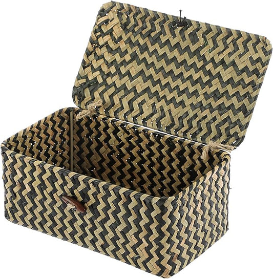 Hipiwe X-small Wicker Basket with Lid Natural Seagrass Storage Baskets Box Handwoven Household Organizer Box Multipurpose Woven Storage Basket for Shelf Closet,Black