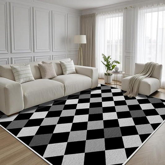 Black and White Rug 6x8, Rhombus Geometric Soft Ultra Soft Faux Wool Low Pile Rug, Indoor Floor Mats Carpet, Non-Slip Stain Resistant Washable Rugs, Modern Abstract Checkered Rugs for Living Room