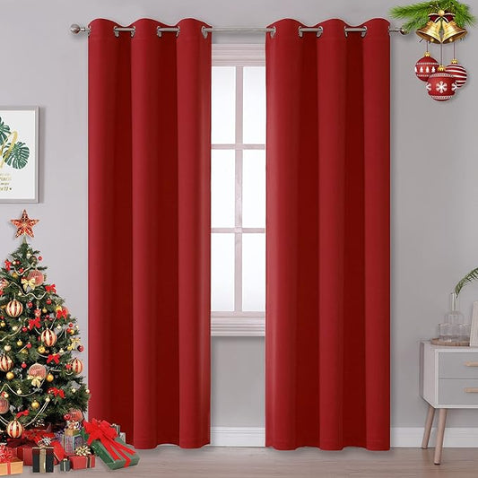 DUALIFE Christmas Red Blackout Curtains for Bedroom 84 Inches Long Room Darkening Thermal Insulated Curtain Panels with Grommet Top Window Drapes for Living Room 42x84 Inch Length