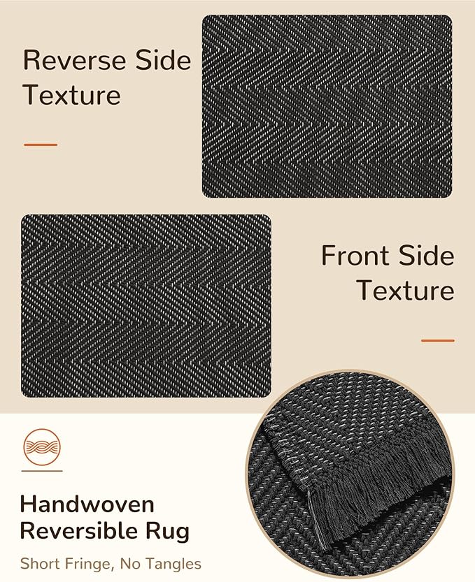 BESTSWEETIE 2x6 Washable Rug Hand-Woven Low Pile Soft Modern Farmhouse Bohemian Decor Reversible Braided Rugs with Tassels Throw Carpet for Living Room Bedroom Entryway Bathroom, Black White