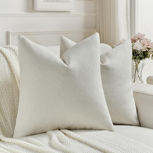 FUTEI Cream Chenille Decorative Throw Pillow Covers 24x24 Inch Set of 2,Soft Cozy Faux Linen Textured European Pillow Shams,Farmhouse Home Decor for Couch Living Room
