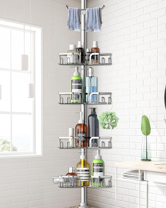 Corner Shower Caddy Tension Pole 4 Tier Adjustable Stainless Steel Shower Shelf for Inside Shower Bathtub Shampoo,Standing Bathroom Organizer Shelves with 39 to 113 inch Height