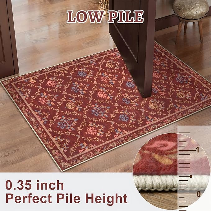Tangsoo 2x3 Small Washable Entry Rug,Non Slip Red Floral Throw Area Rugs for Entryway,Front Door Mats Indoor Entrance Carpet for Kitchen Office Laundry, Soft Kids & Pets Friendly