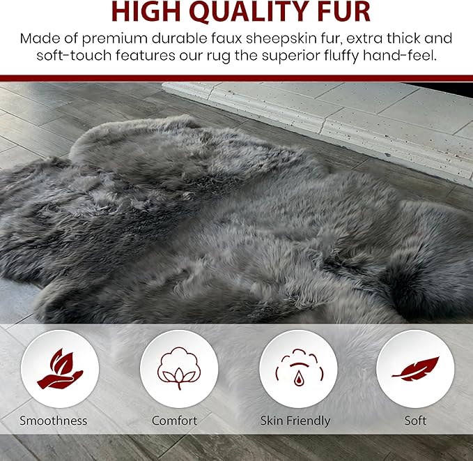 Free Shape Luxury Soft Fluffy Shag Area Rug Triple Side by Side 3'x6', 90x180cm - Vegan Fur Ultra Soft Indoor Carpet Nursery Rugs for Bedroom Home Decor, Dark Grey
