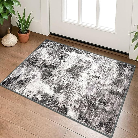 Modern Abstract Entryway Rug Indoor 2x3 Washable Non-Slip Soft Black Grey Small Area Rug Kitchen Mat Thin Print Faux Wool Floor Carpet for Entrance Bedroom Office