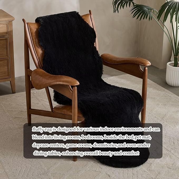 1700GSM Fuzzy Faux Sheepskin Fur Area Rug,Extra Soft Faux Fur Mat,Fluffy Shaggy Fur Rug for Bedroom Living Bedside Rug Room Decor-Black, 2 x 6 ft