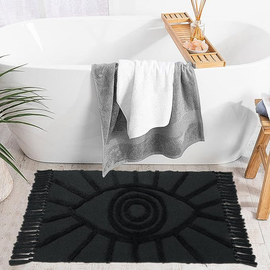 Uphome Boho Bathroom Rug 2'x3' Washable Evil Eye Tufted Entryway Rug with Tassels Soft Cotton Woven Small Rugs Modern Minimalist Dark Gray Throw Rugs for Bedroom Kitchen Doorway Laundry Room