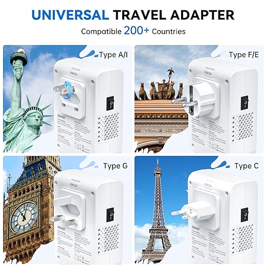 DOACE 220v to 110v converter 350W voltage converter us to europe for Hair Straightener/Curling Iron Converter for European Travel with 4-port USB Charging and UK/AU/US/EU Worldwide Plug Adapter, White