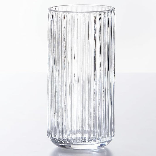 Clear Glass Flower Vase for Pampas Grass, 7.5 inch Medium Decorative Centerpiece Ribbed Vase for Dining Table, Office Desktop, Shelf Bookshelf, Mantel, Entryway, Bathroom, Countertop, Farmhouse, Gift