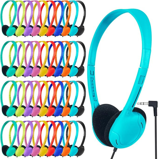 Classroom Headphones Bulk 50 Pack for School,Wholesale Earphones Class Set of Headphones for Students Testing On Line Learning Adult 3.5mm Jack (10 Multi Color)
