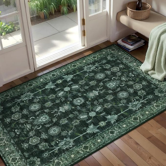 Tangsoo 2x4 Washable Entry Rug, Small Green Area Throw Rugs for Entryway Non Slip, Distressed Vintage Floral Thin Rug for Kitchen Bedroom, Low Pile Floor Carpet Front Door Mat for Entrance Foyer Decor