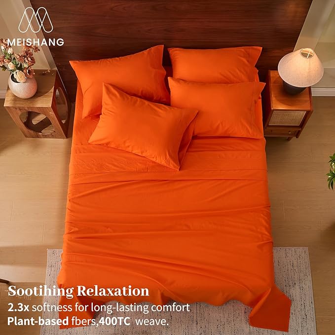 MEISHANG 100% French Pure Linen Sheets Queen Size - 6 PC Extra Deep Pocket Sheet Set, Soft Durable Flax Linen, Anti-Tear Breathable & Oeko-Tex Certified 18-24 Deep Pocket,All Season(Orange)