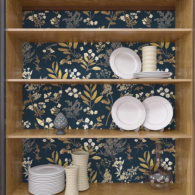 Dark Blue Leaf Wallpaper Peel and Stick Dark Floral Wallpaper for Bedroom Vintage Leaf Contact Paper Waterproof Self Adhesive Boho Floral Wall Paper for Bedroom Walls Countertop 17.5in x 118in
