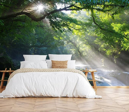 Mountain Stream and Beams of Light Mural with Sunlight Shining on The Running Water in The Forest Wall Mural, Non-self-Adhesive Wallpaper（Non-self-Adhesive）
