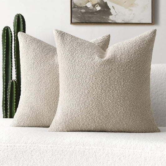 FUTEI Pack of 2 Beige Decorative Throw Pillow Covers 24x24 Inch Soft Cozy Solid Boucle Textured European Cushion Case,Modern Home Decor for Couch Bed Living Room