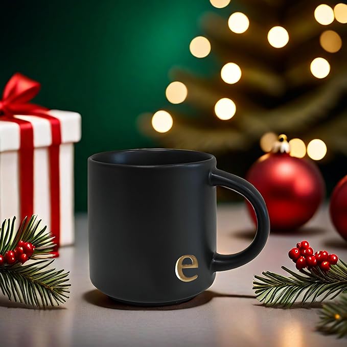 COLLECTIVE HOME - Black Monogram Ceramic Mugs, 15 oz Golden Initial Coffee Cups, Elegant Alphabet Tea Mugs, Personalized Halloween Mug with Gift Box, Perfect for Office and Home Décor (e)
