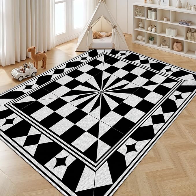 Black and White Checkered Rug, Checkered Rug, Modern Geometric Pattern Carpet, Retro Machine Washable Non Slip Area Rugs, Contemporary Rugs for Living Room/Bedroom 5x6