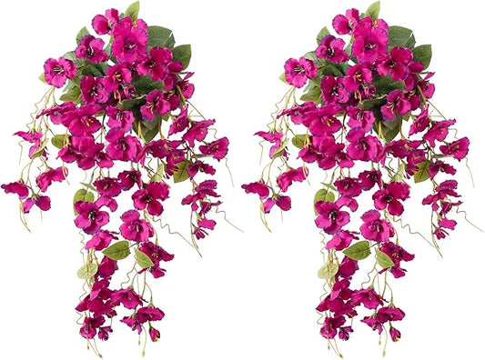 Fake Hibiscus Artificial Hanging Flowers Plants for Outdoors Spring Decoration, 2pcs Silk Hibiscus Vines Realistic UV Resistant Faux Flowers for Outside Planter Porch Patio Yard Wedding Party, Fuchsia