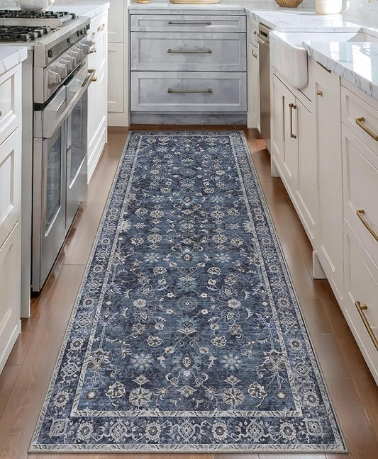 Tangsoo 2x6 Washable Runner Rug for Hallway, Non Slip Boho Vintage Floral Rug Runner for Kitchen Entryway, Distressed Blue Black Floor Carpet Soft Low Pile Indoor Mat for Bedroom Bathroom Laundry