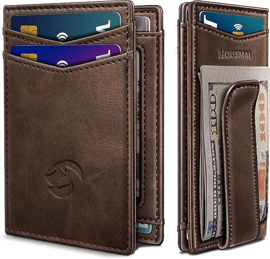 Housmai Magnetic Closure Slim Wallet with Money Clip Gift Boxed,Genuine Leather Front Pocket Wallet for Men, 3.9"x 2.11", RFID Blocking